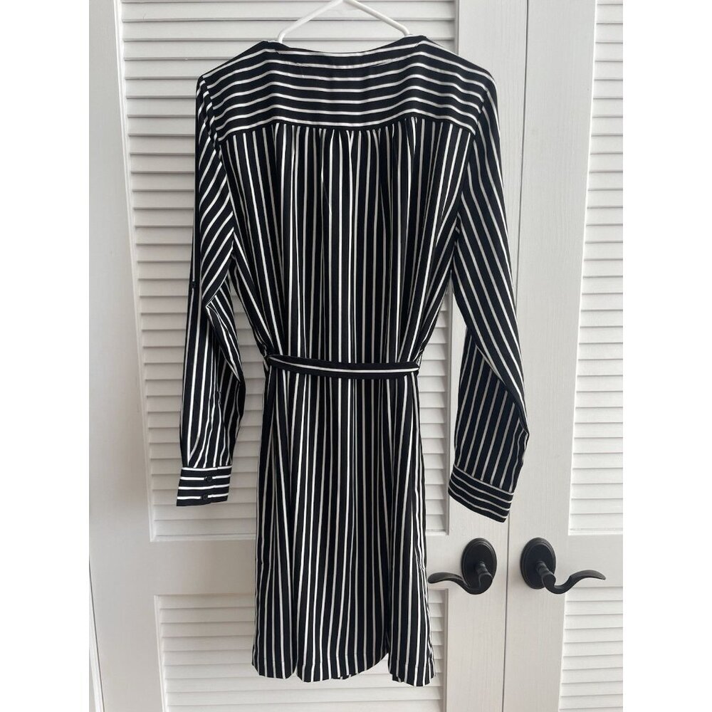 Ann Taylor Outlet Dress Black White Striped Long Sleeve Tie Waist Dress Sz L - Picture 8 of 11